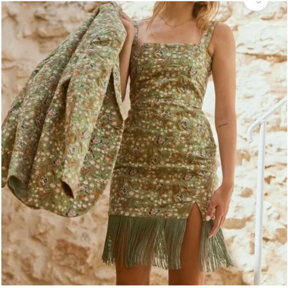 Green Floral Embroidered Mini Dress With Fringe Hem & Satin Corset Back $445 NWT - Picture 4 of 8